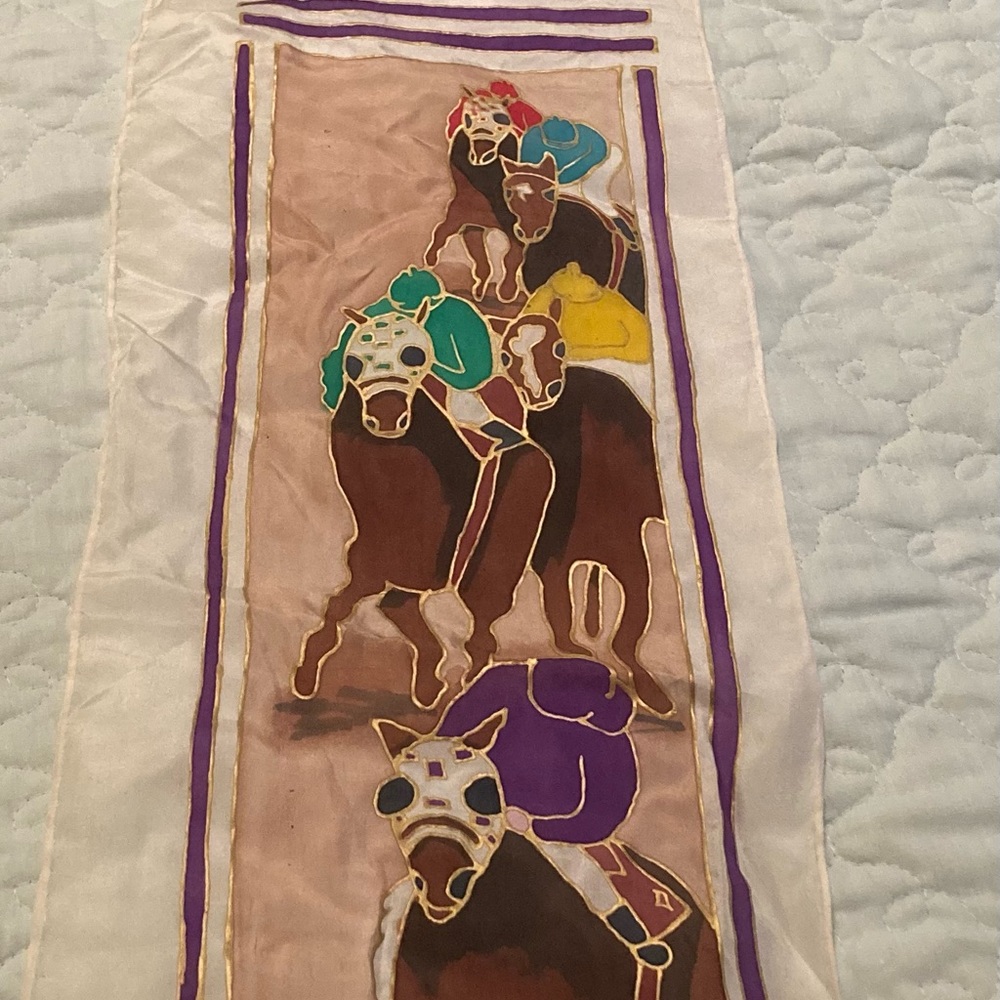 Vintage scarf signed by artist with horse racing theme